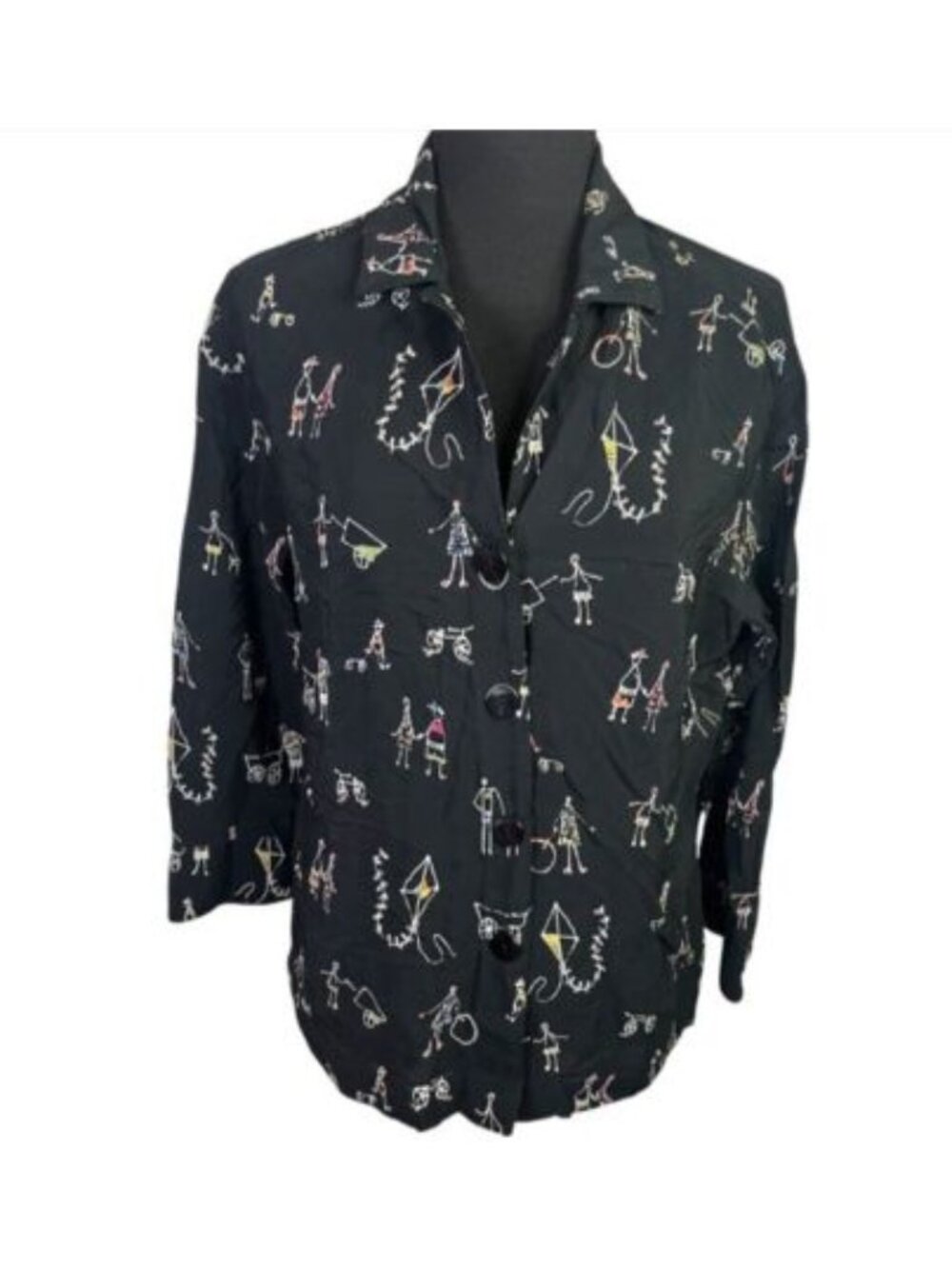 Vintage 90s First Option Black Stick Figure Button Up Top Sz M Teacher Art